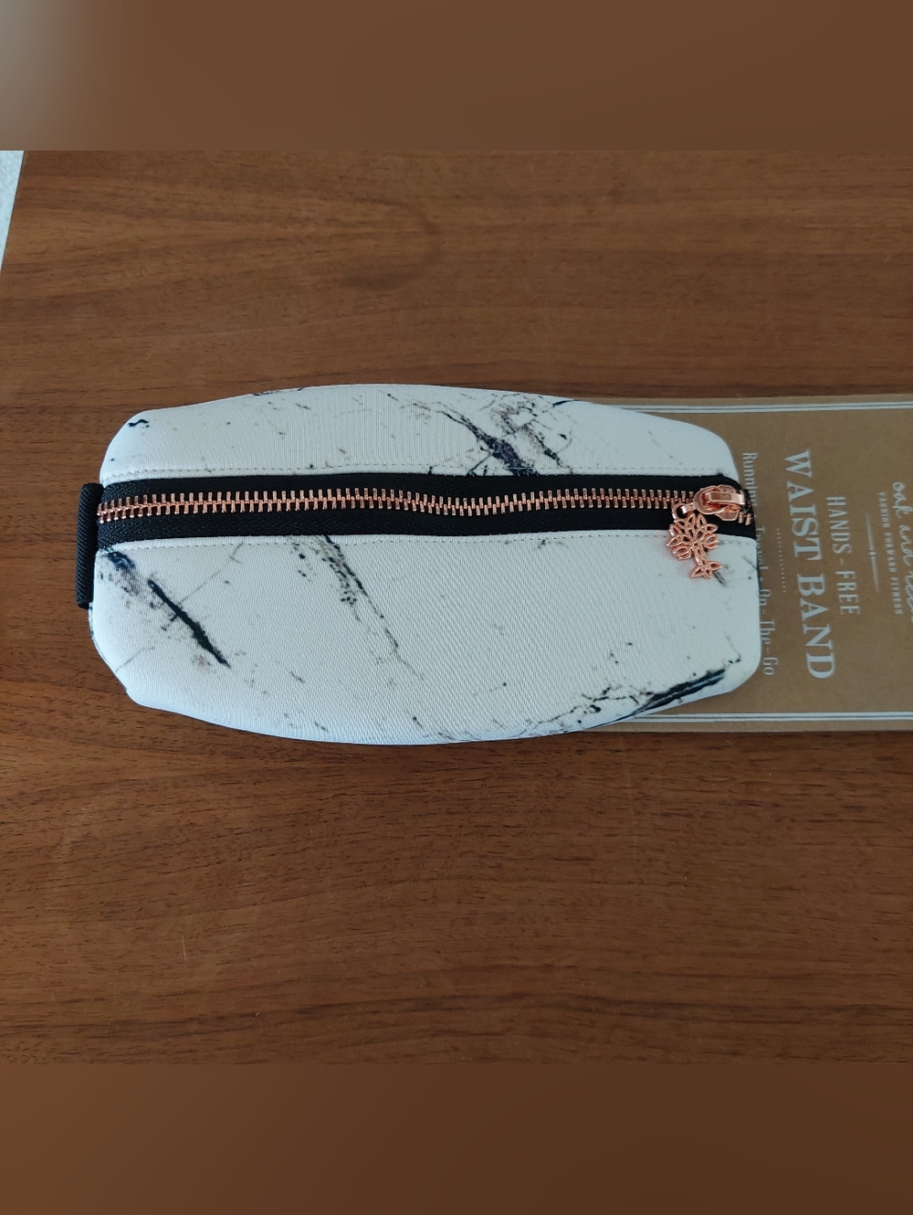 White Marble Print Zip Pouch with Rose Gold Zipper Waist Band Oak And Seed